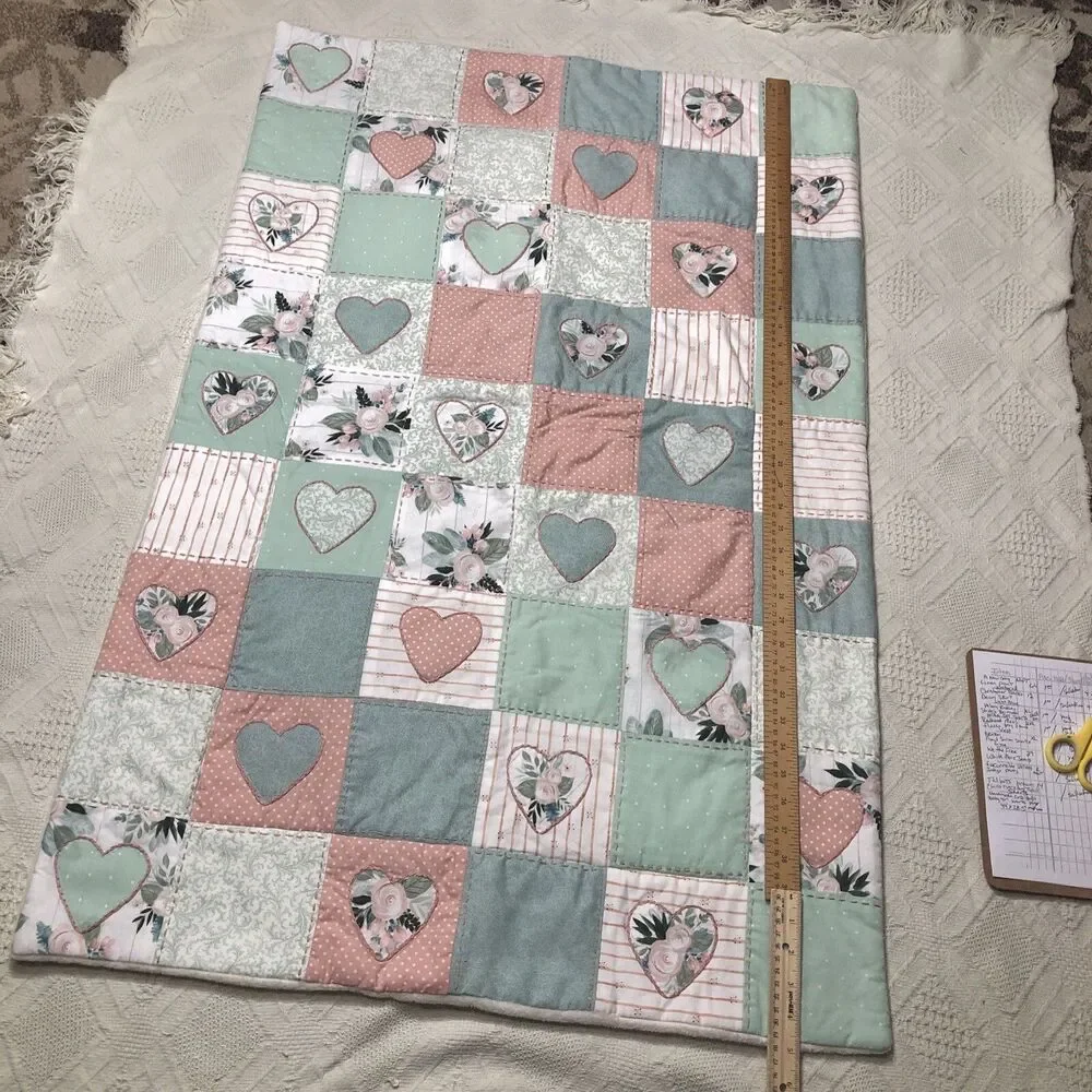 Baby Quilt Girls Pink/green Handmade Patchwork Crib Blanket Hearts / floral